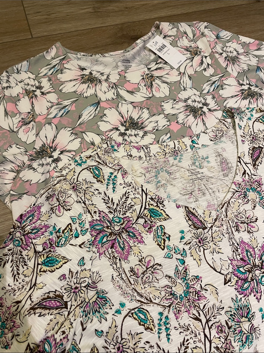2 J.Jill Floral Tops Large - Fit Progress Shirttail Tee & Pima-Slub Elbow-Sleeve